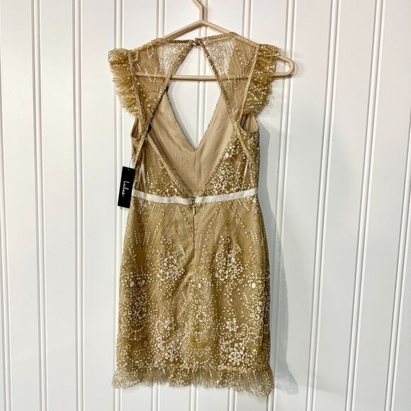LULU'S Dress Women Size Small Gold Sequin NYE Deep V Sleeveles Mini Lace Layered - Picture 5 of 5